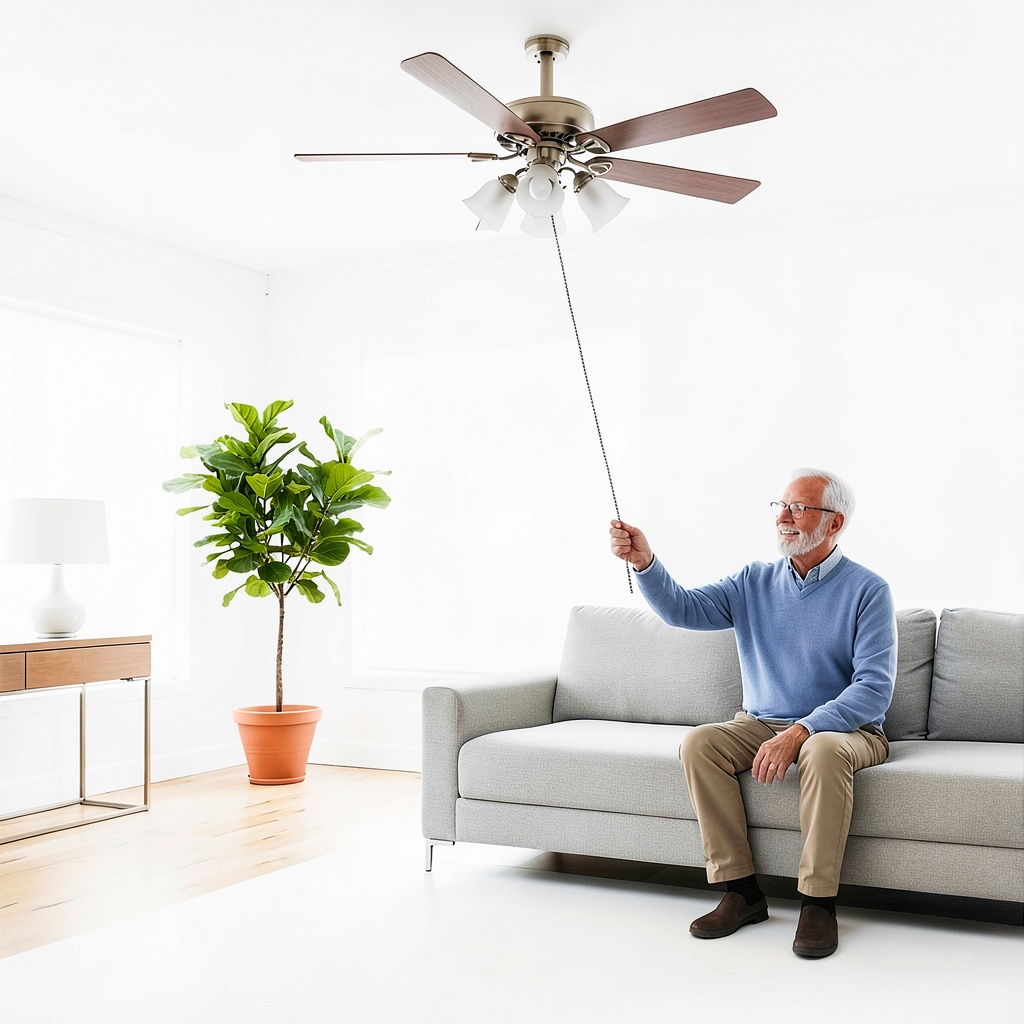 Installing Voluda stainless steel pull chain on a high ceiling fan in a modern loft