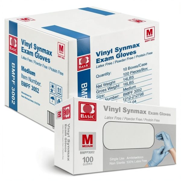 Basic Medical Synmax Vinyl Exam Gloves - Latex-Free & Powder-Free - Medium, BMPF-3002(Case of 1,000) Blue-0